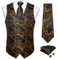 Luxury Gold Leaves In Black Paisley Silk Vest Set