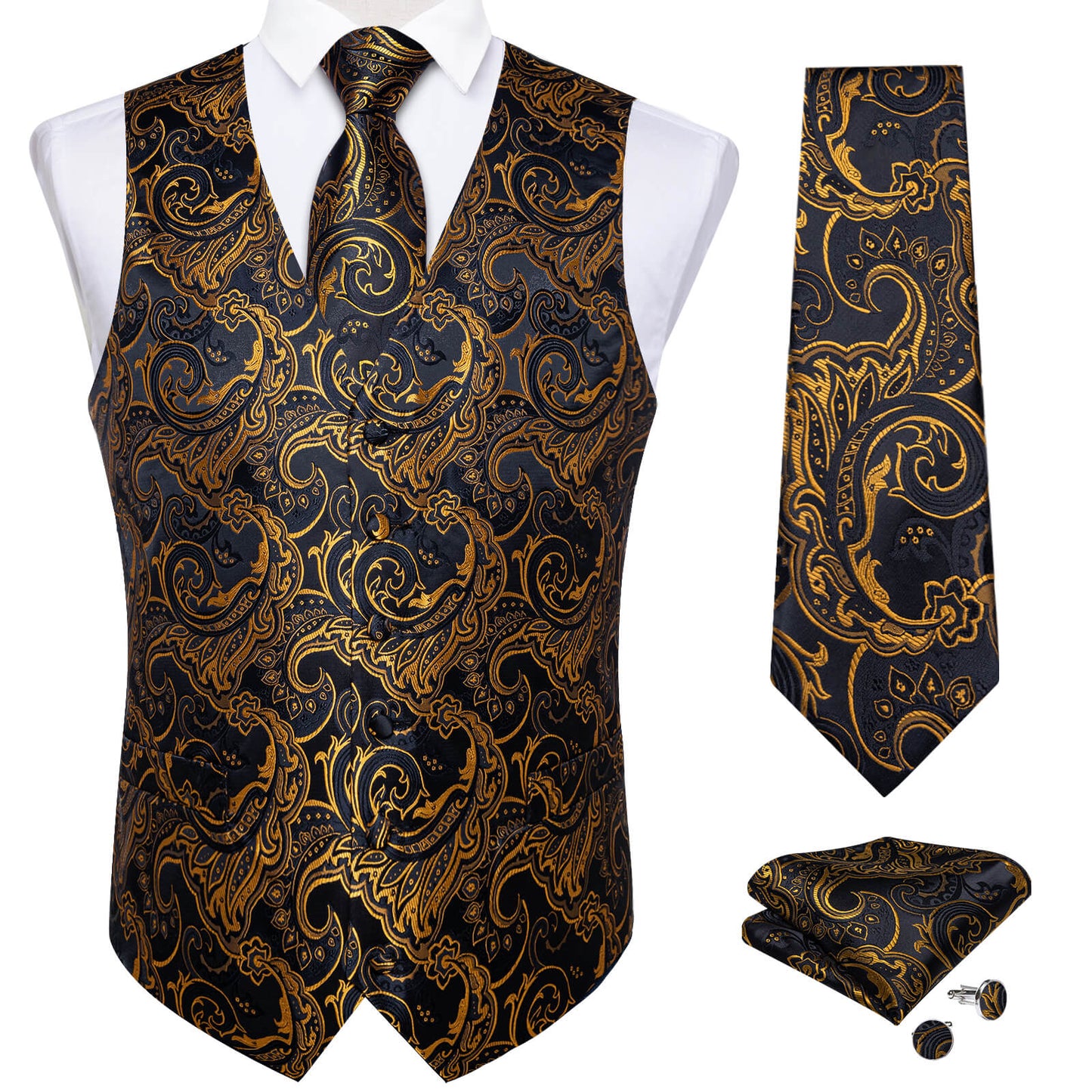 Luxury Gold Leaves In Black Paisley Silk Vest Set