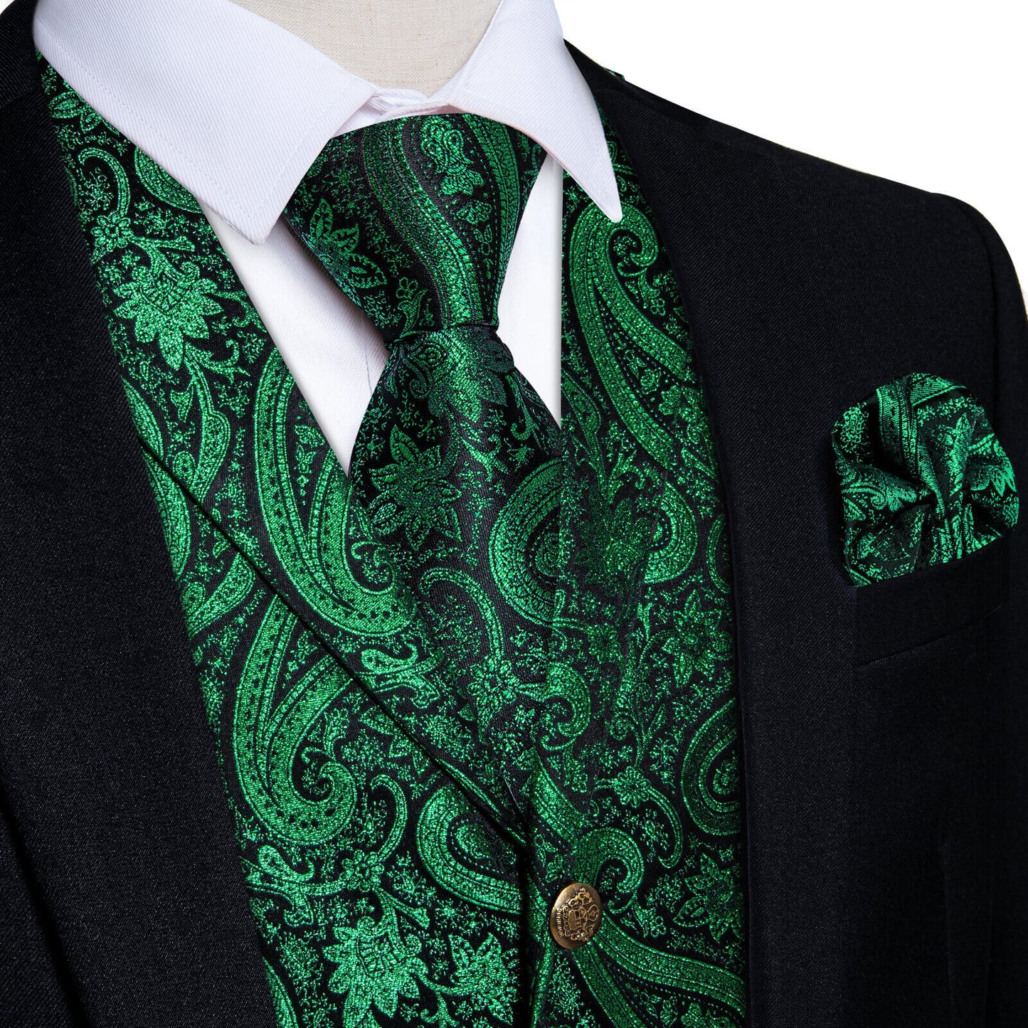 Luxury Emerald Green Paisley Silk Vest Set