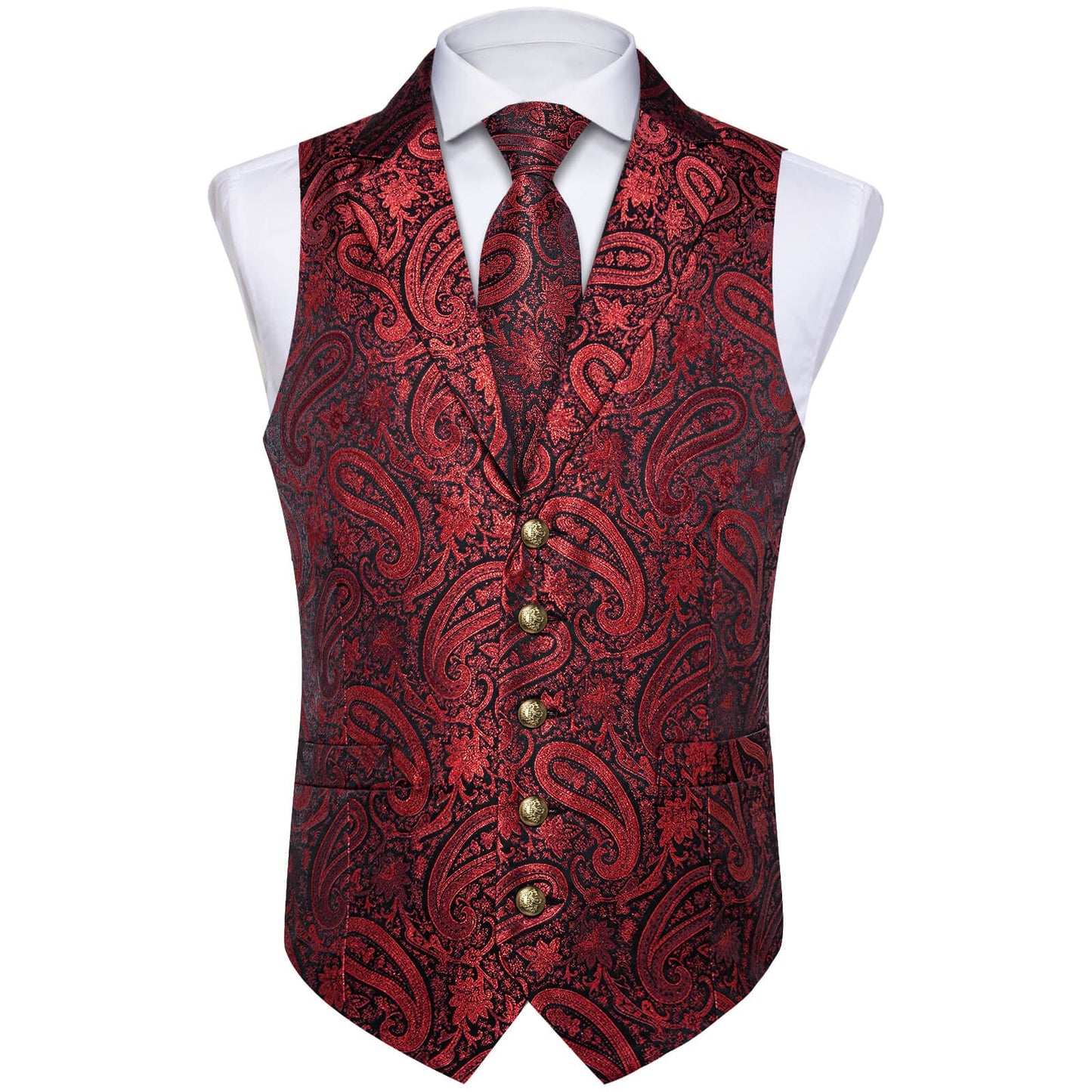 Luxury Red with Black Lines Paisley Silk Vest Set