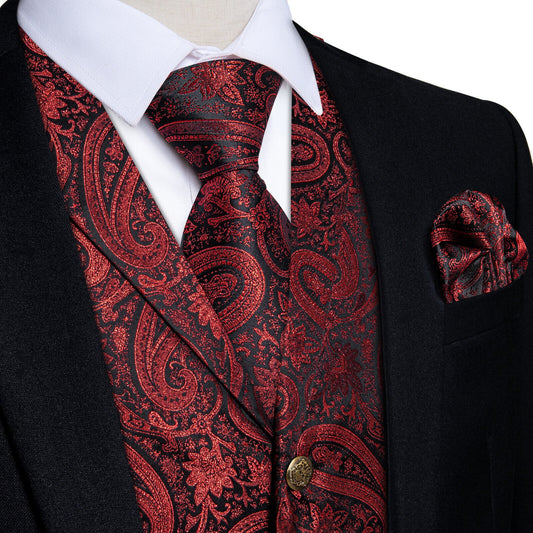 Luxury Red with Black Lines Paisley Silk Vest Set