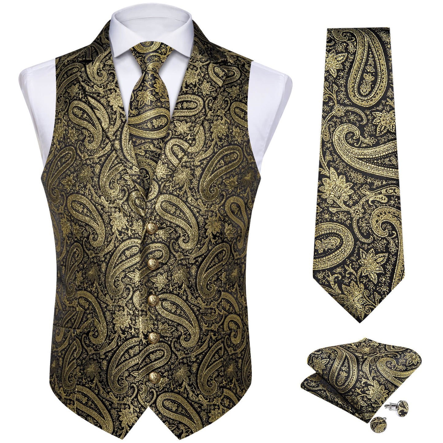 Luxury Gold with Black Lines Paisley Silk Vest Set