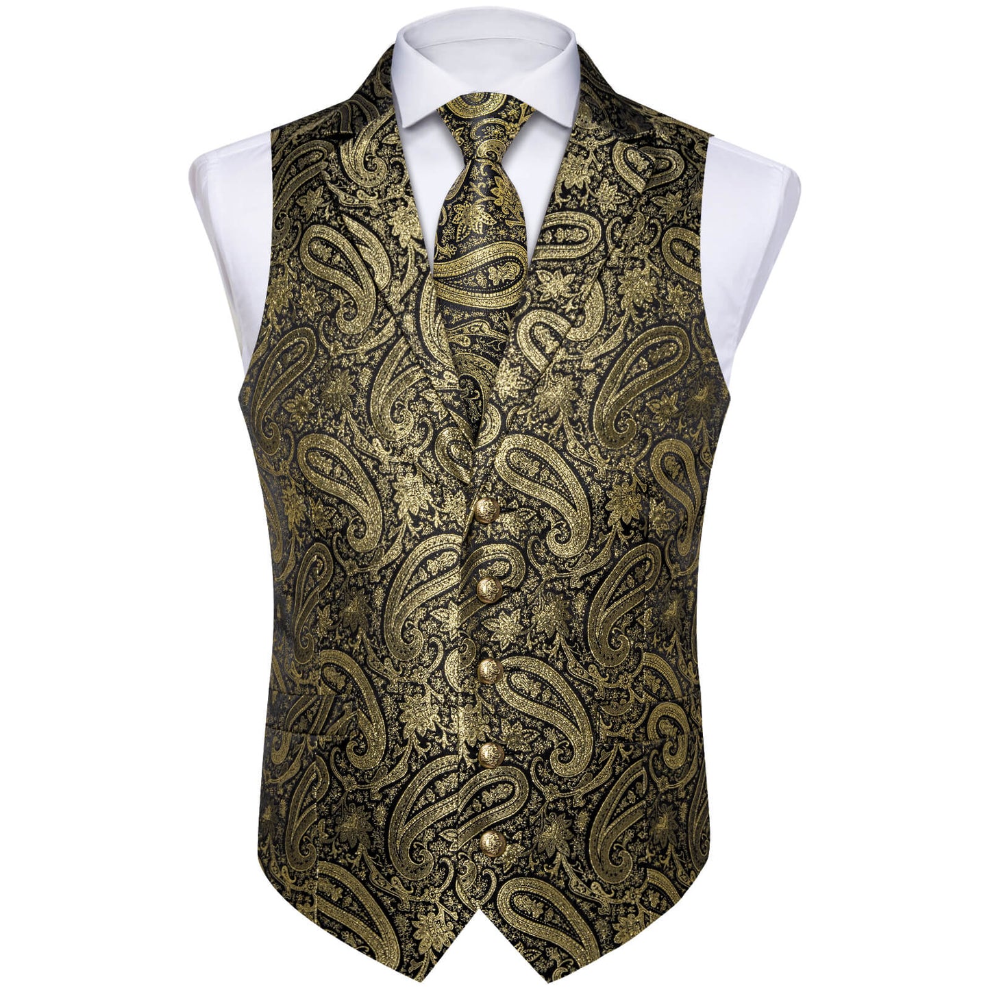 Luxury Gold with Black Lines Paisley Silk Vest Set