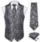 Luxury Silver Gray Paisley Silk Vest Set