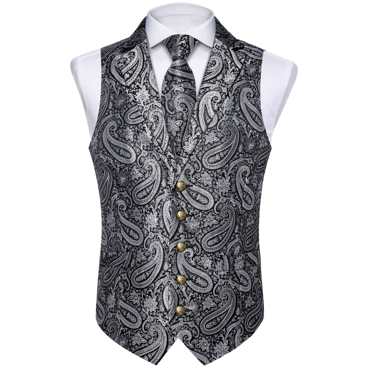 Luxury Silver Gray Paisley Silk Vest Set