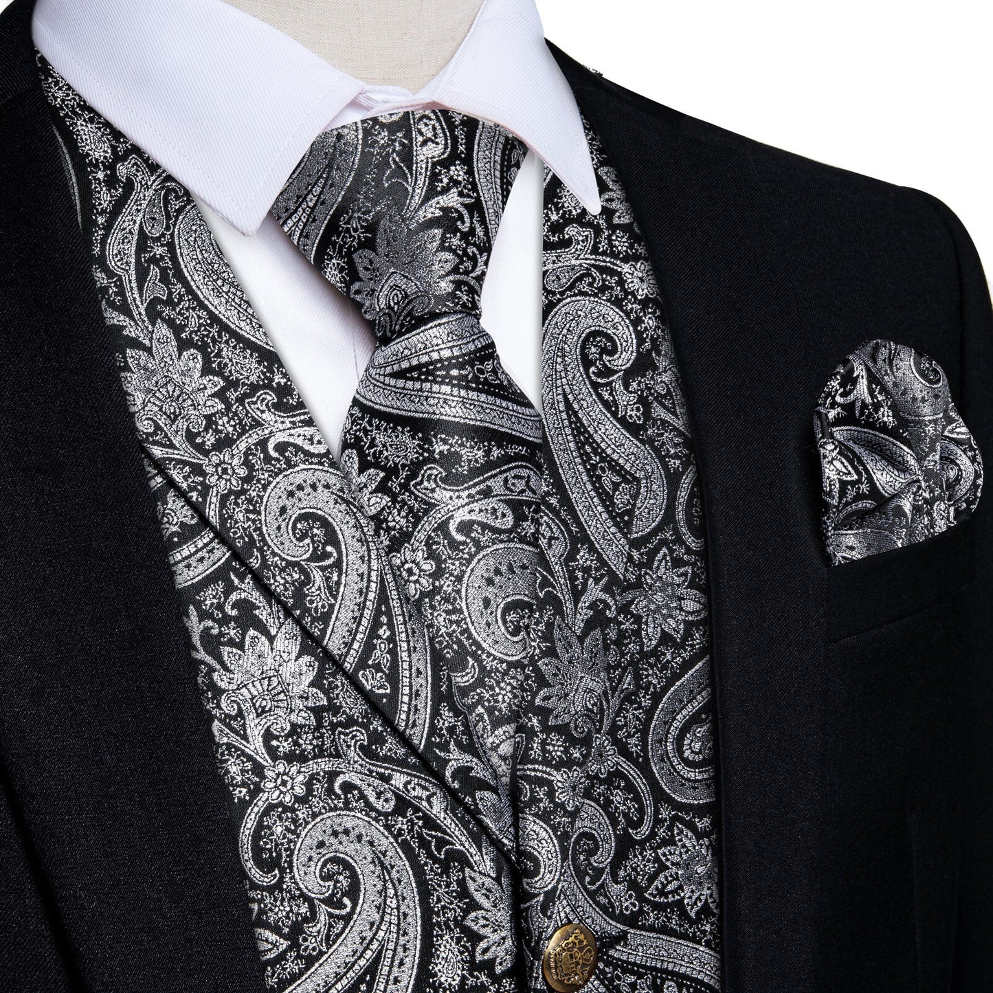 Luxury Silver Gray Paisley Silk Vest Set