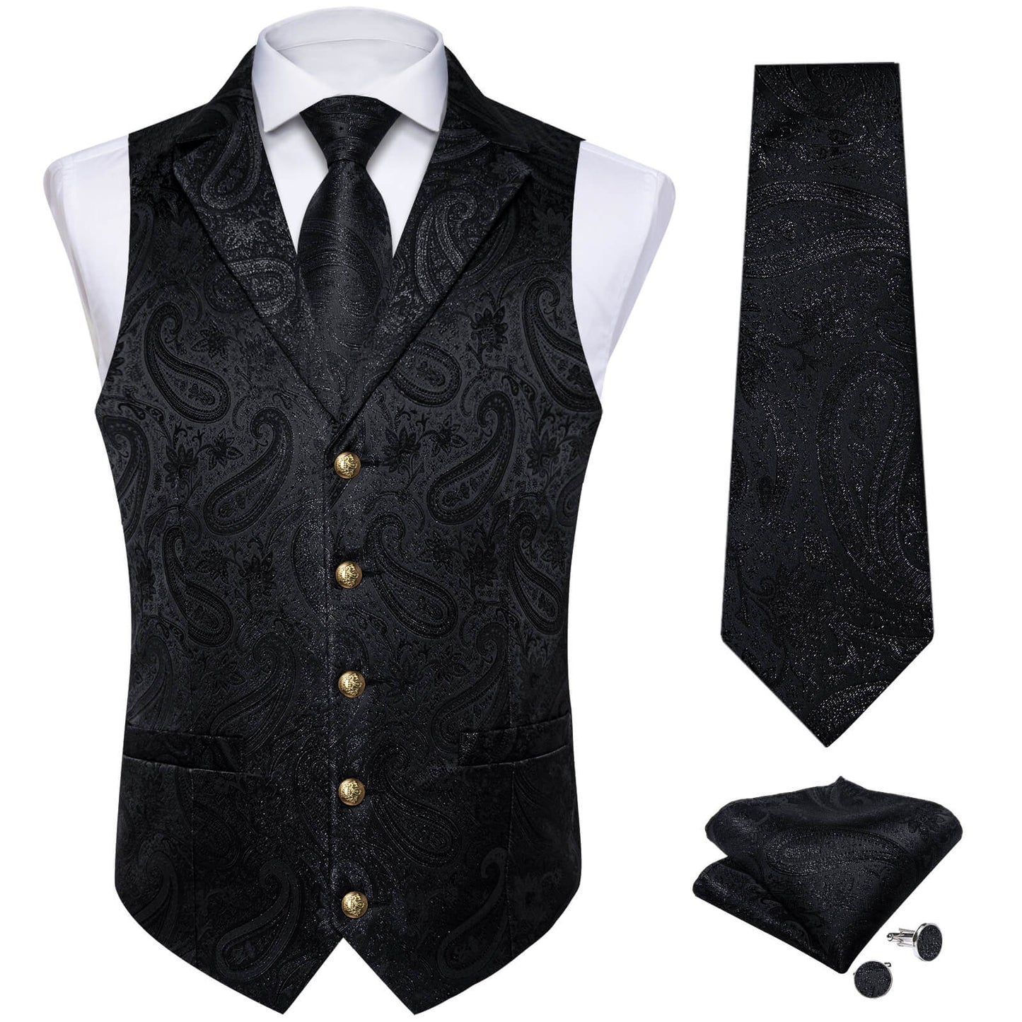 Luxury Midnight Black Paisley Silk Vest Set