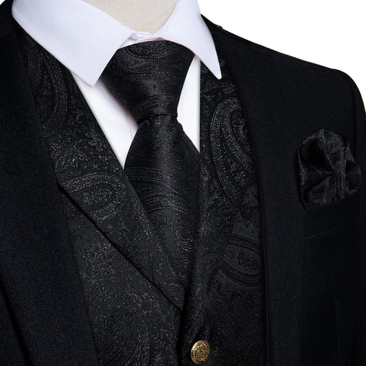 Luxury Midnight Black Paisley Silk Vest Set