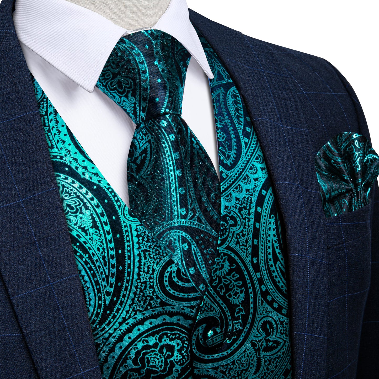 Teal Paisley Silk Vest Set