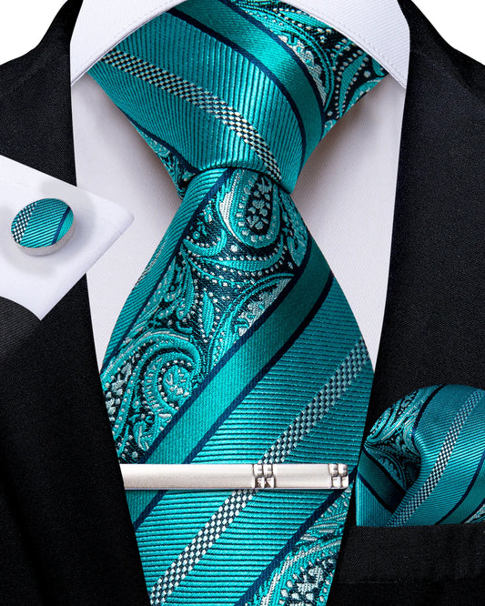 Teal Black Floral Paisley Silk Tie Set