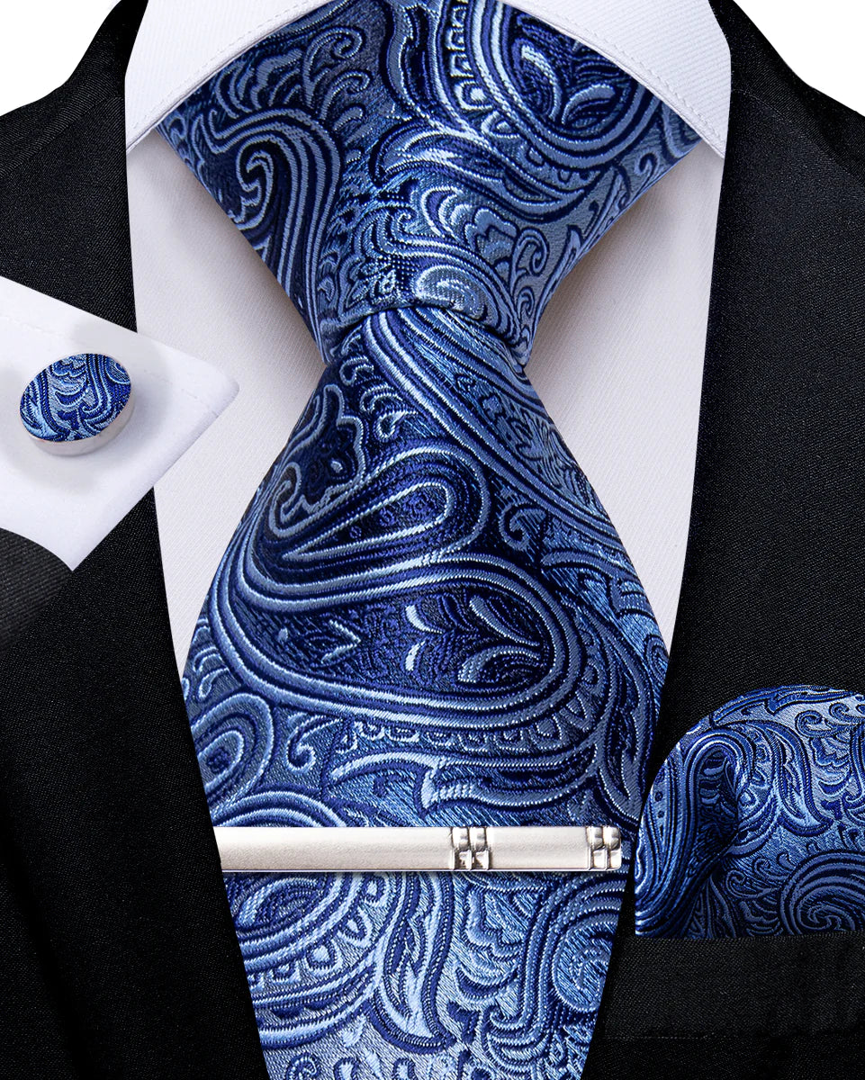 Faded Blue Paisley Silk Tie Set