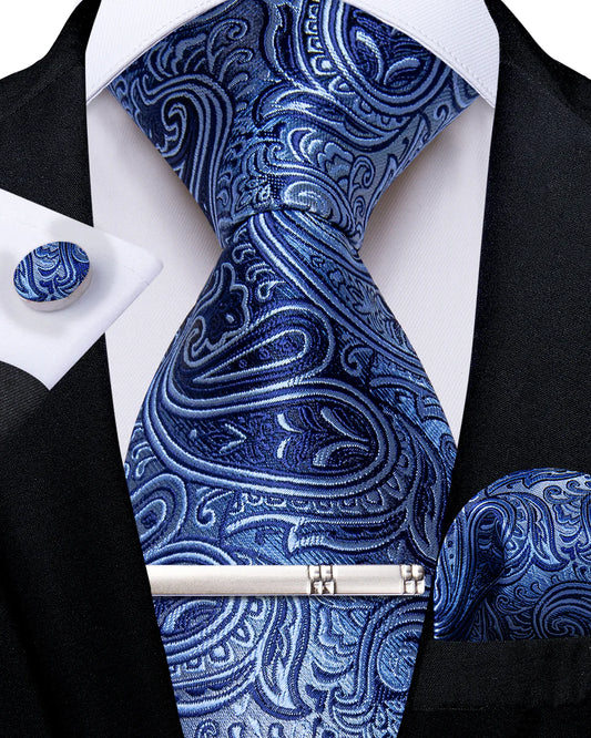 Faded Blue Paisley Silk Tie Set