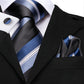 Blue Black and White Stripes Silk Tie Set