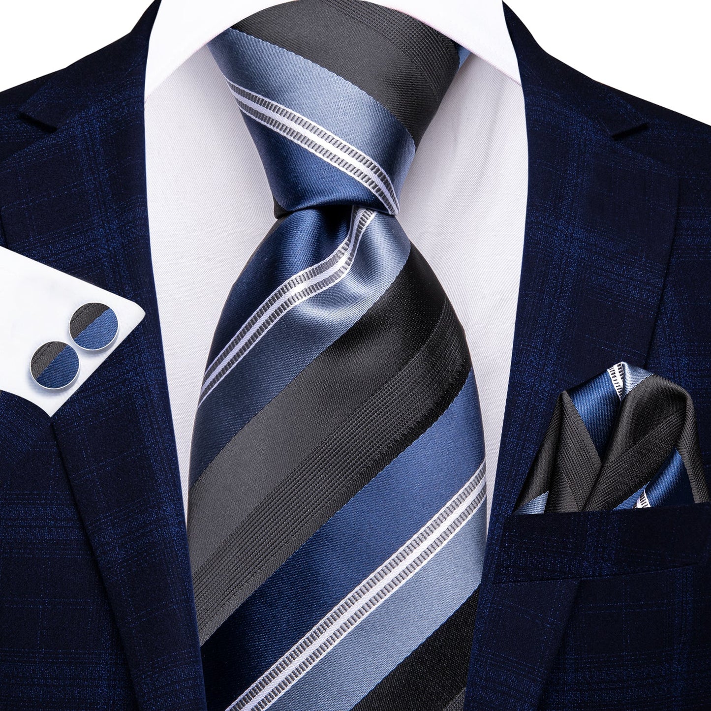 Blue Black and White Stripes Silk Tie Set