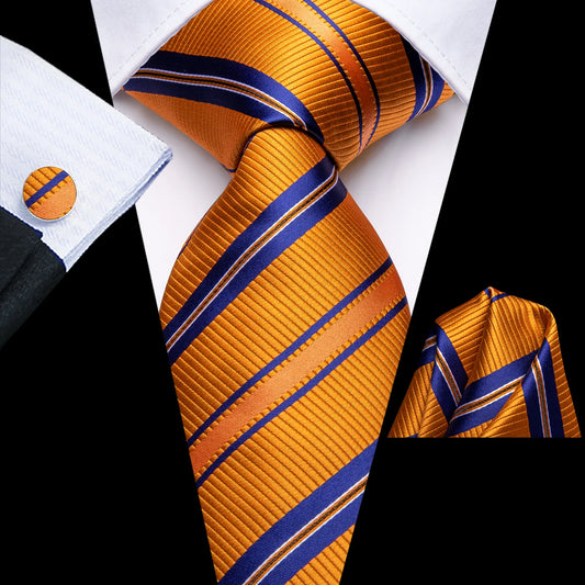 Blue Lines In Orange Silk Tie Set