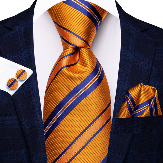 Blue Lines In Orange Silk Tie Set