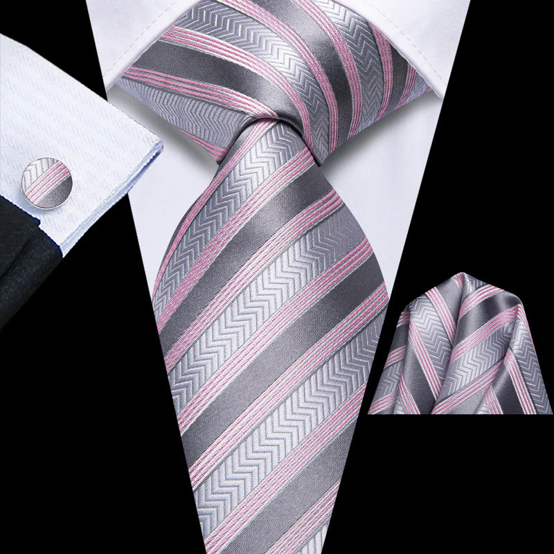 Gray and Pink Lines Silk Tie Set