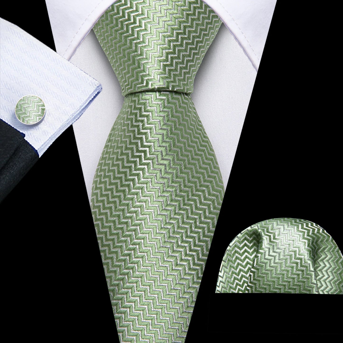 Avocado Green Tiny Zigzag Silk Tie Set