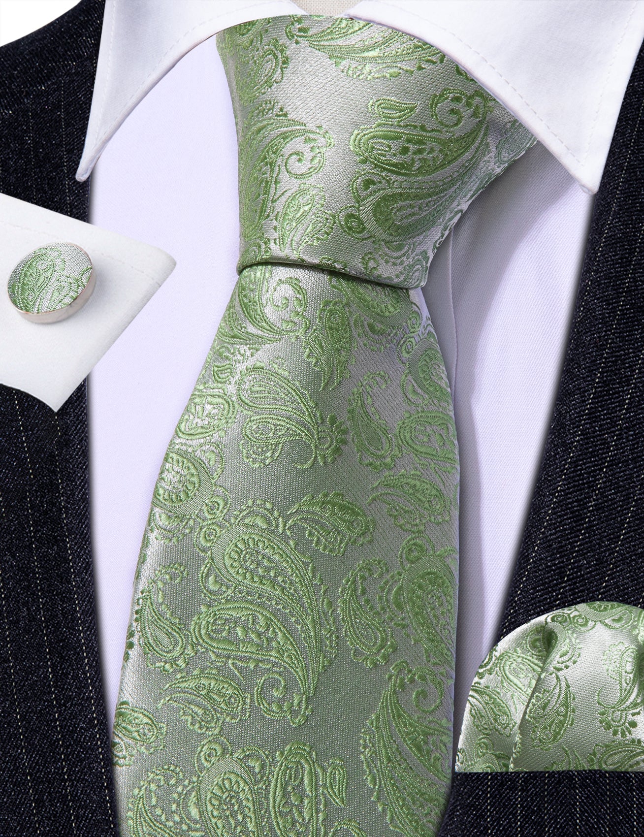 Avocado Green Paisley Silk Tie Set