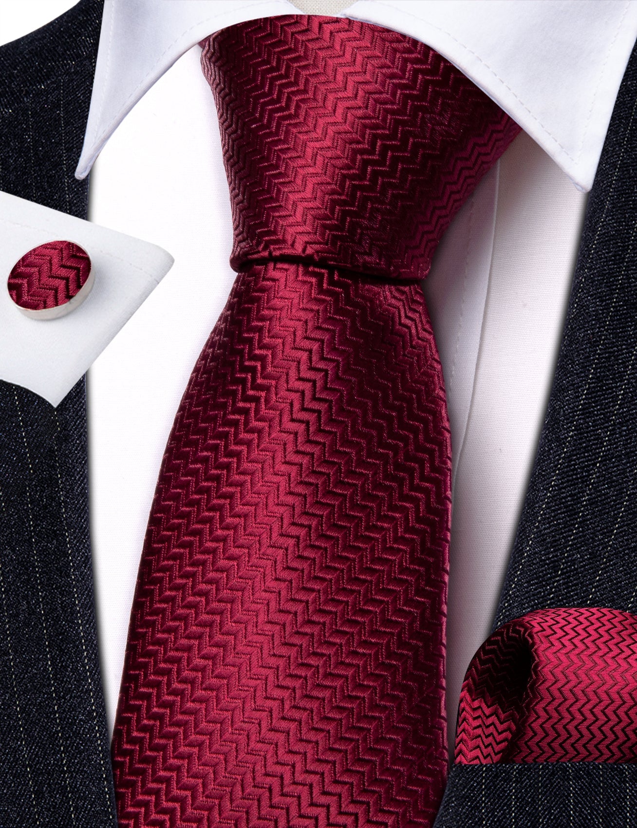 Plain Red Tiny Zigzag Silk Tie Set