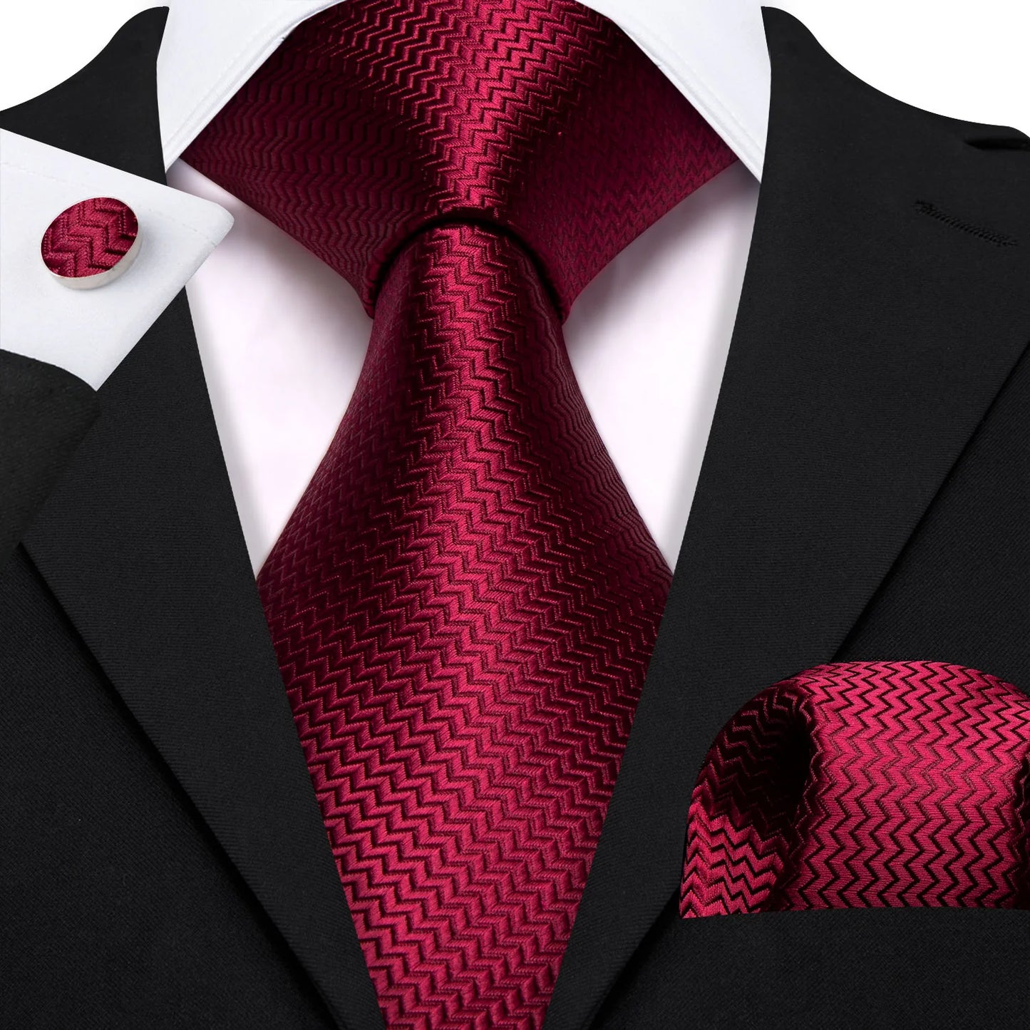 Plain Red Tiny Zigzag Silk Tie Set