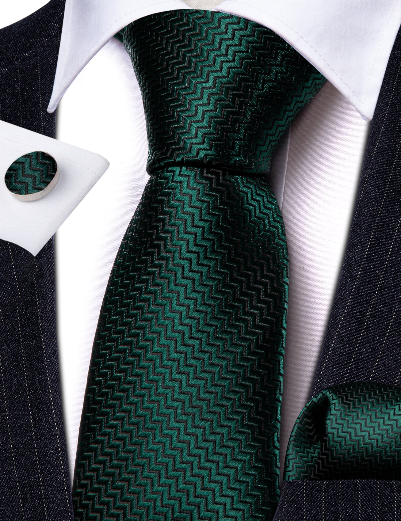 Plain Green Tiny Zigzag Silk Tie Set