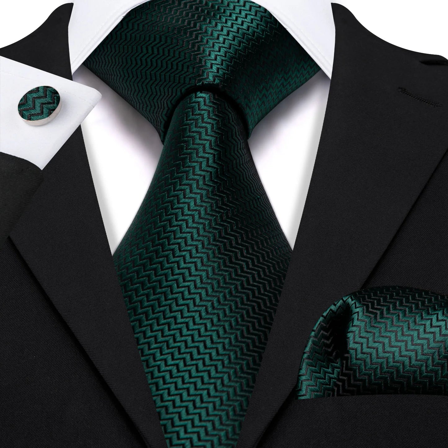 Plain Green Tiny Zigzag Silk Tie Set