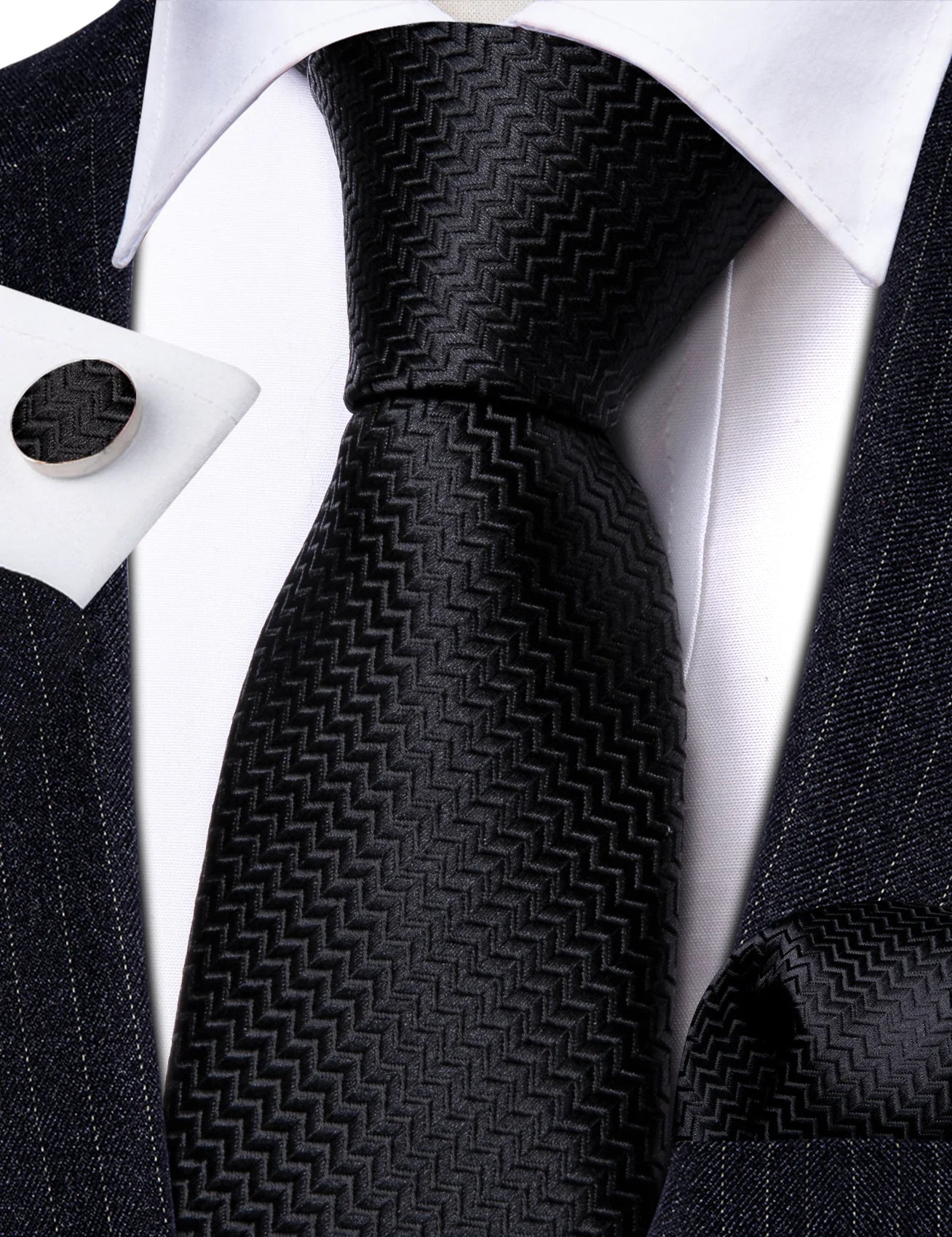 Plain Black Tiny Zigzag Silk Tie Set