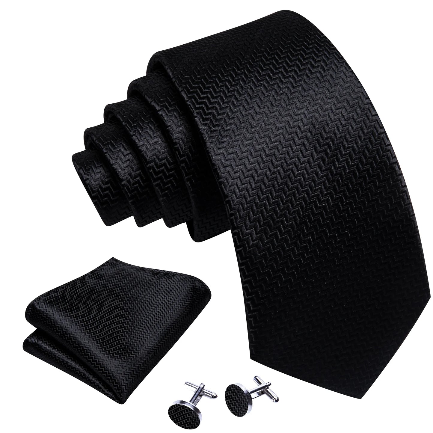 Plain Black Tiny Zigzag Silk Tie Set