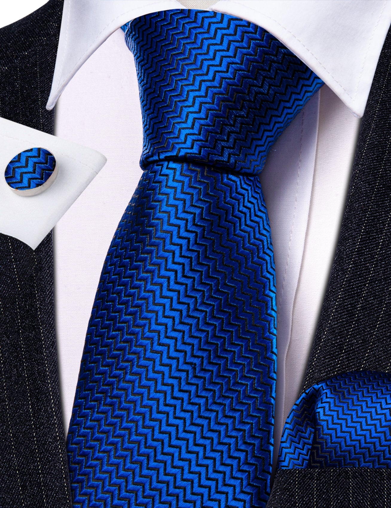 Plain Royal Blue Tiny Zigzag Silk Tie Set