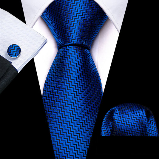 Plain Royal Blue Tiny Zigzag Silk Tie Set