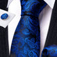 Blue Leaves In Black Silk Tie Set