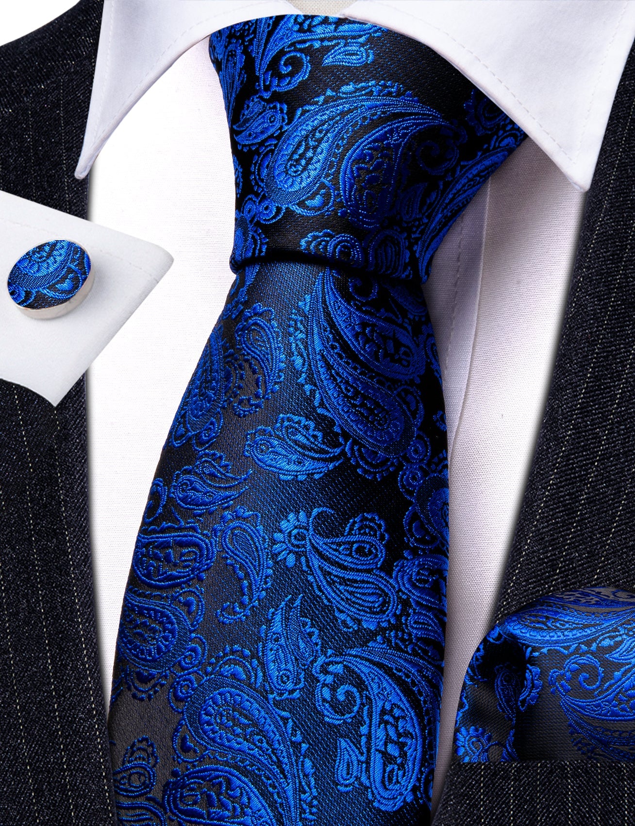 Blue Leaves In Black Silk Tie Set