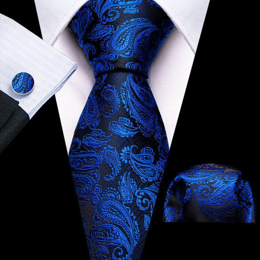 Blue Leaves In Black Silk Tie Set