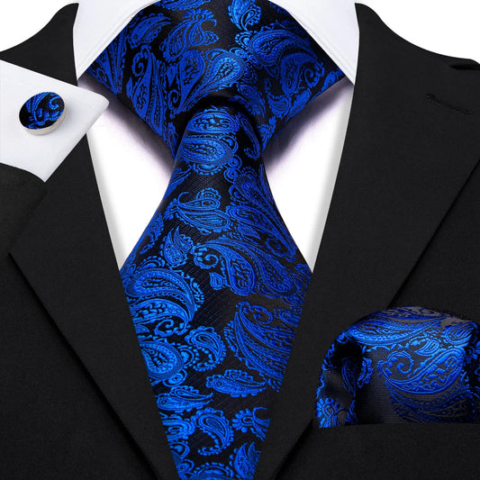 Blue Leaves In Black Silk Tie Set