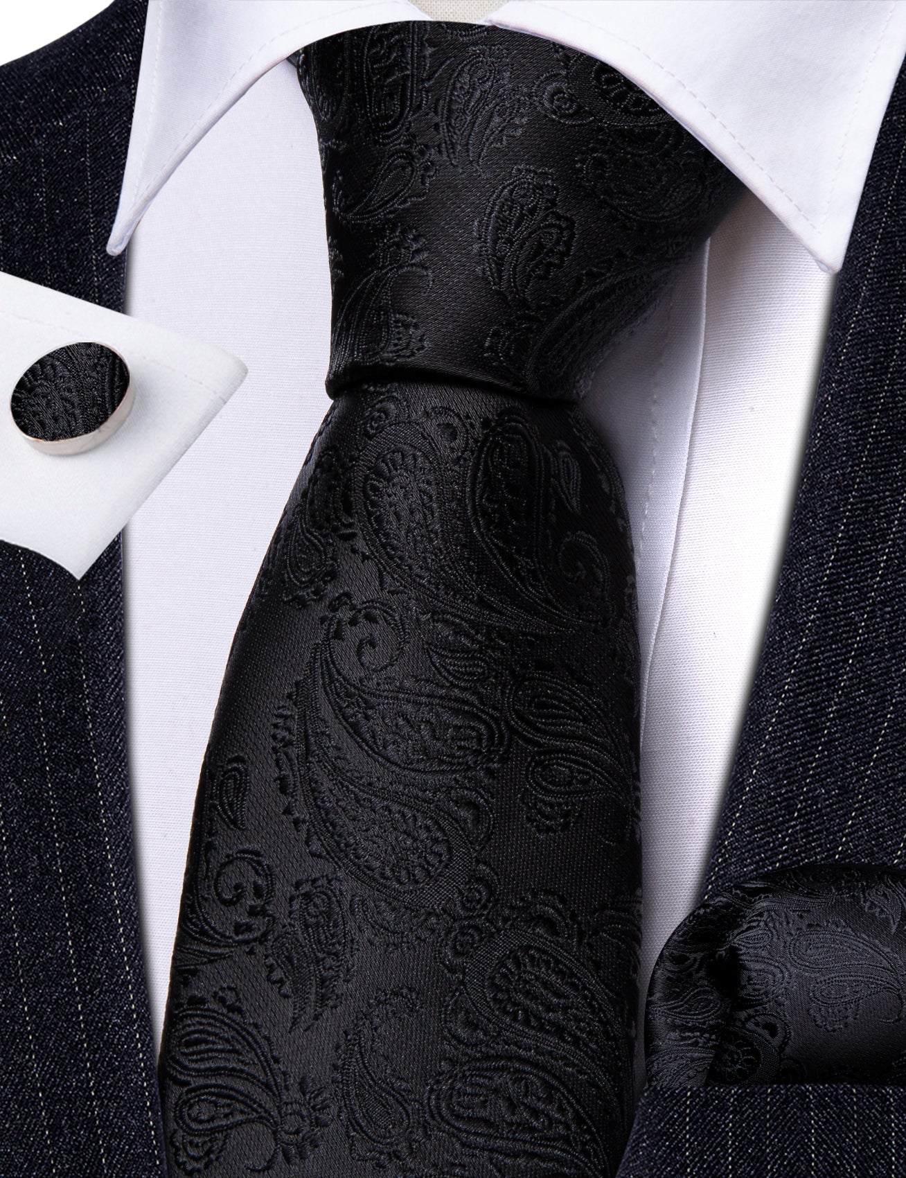 Black Leaves Paisley Silk Tie Set