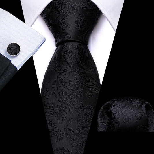 Black Leaves Paisley Silk Tie Set