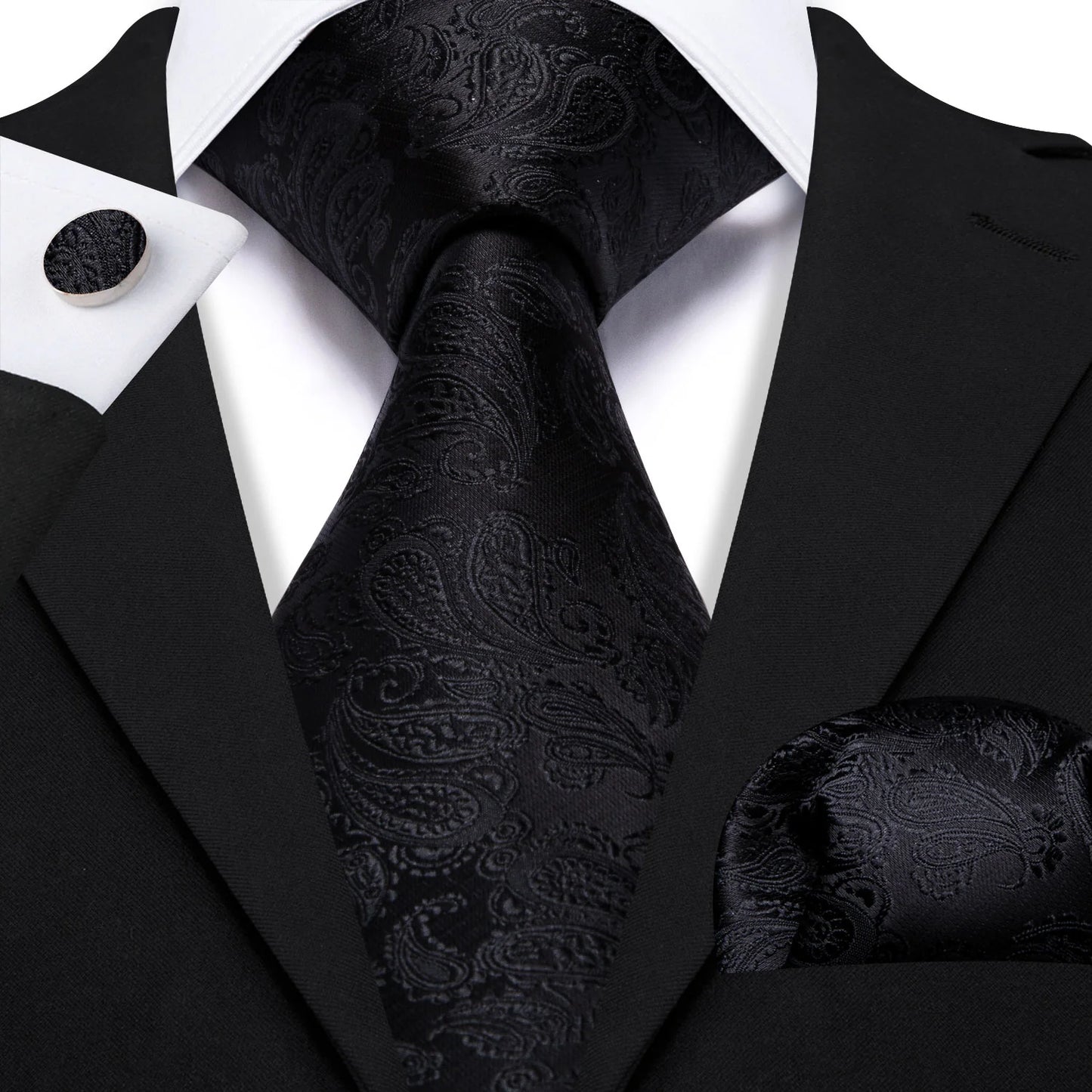 Black Leaves Paisley Silk Tie Set