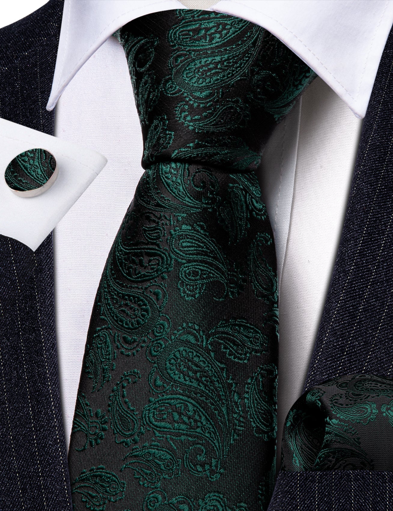 Green Leaves In Black Silk Tie Set