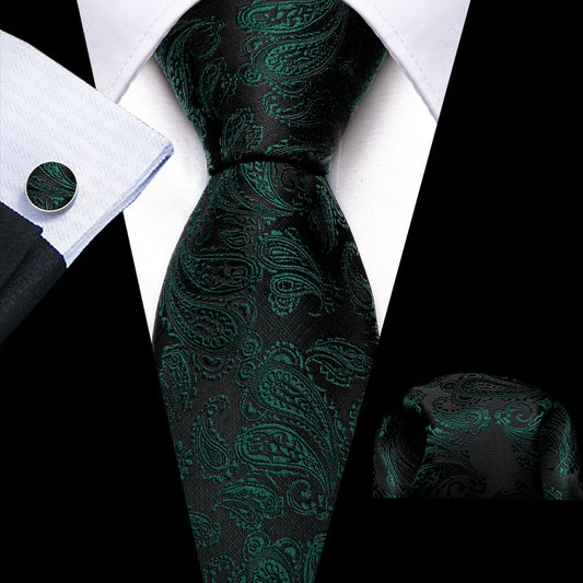 Green Leaves In Black Silk Tie Set