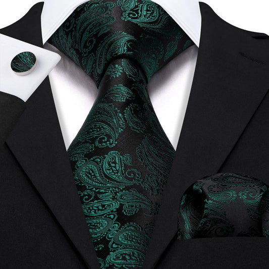 Green Leaves In Black Silk Tie Set