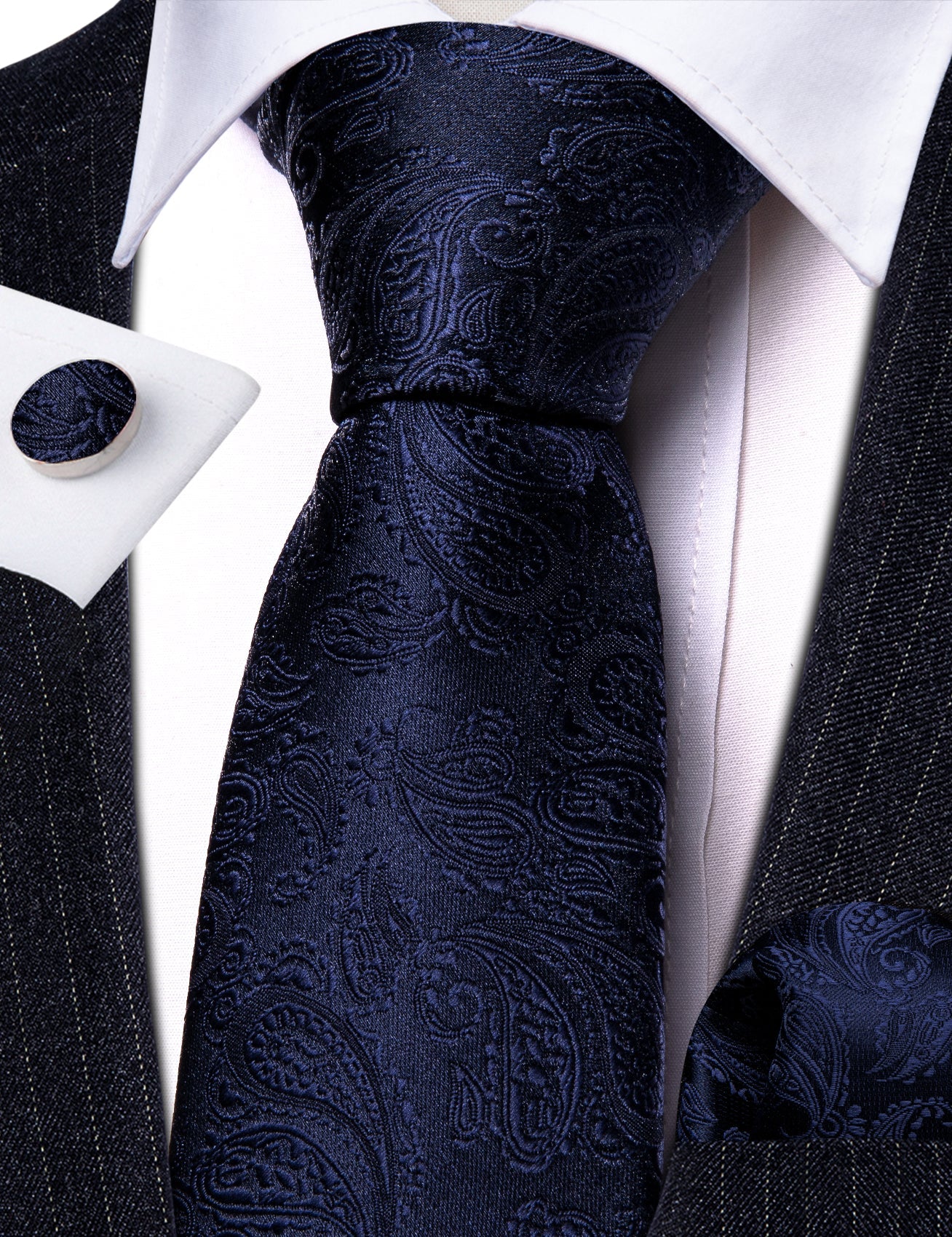 Navy Blue Leaves Paisley Silk Tie Set