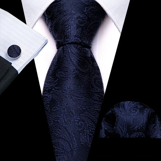 Navy Blue Leaves Paisley Silk Tie Set