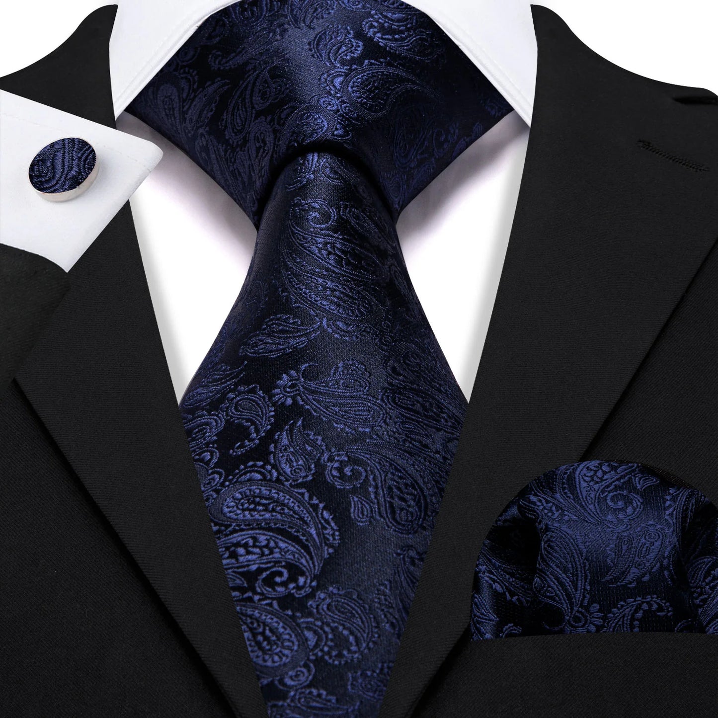 Navy Blue Leaves Paisley Silk Tie Set