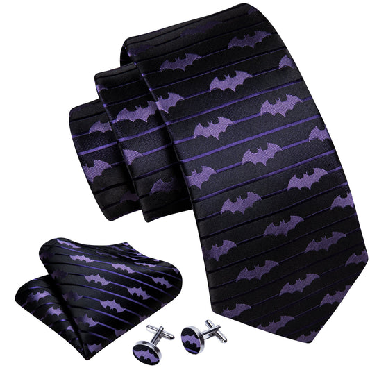 Premium Purple Bat In Black Silk Tie Set