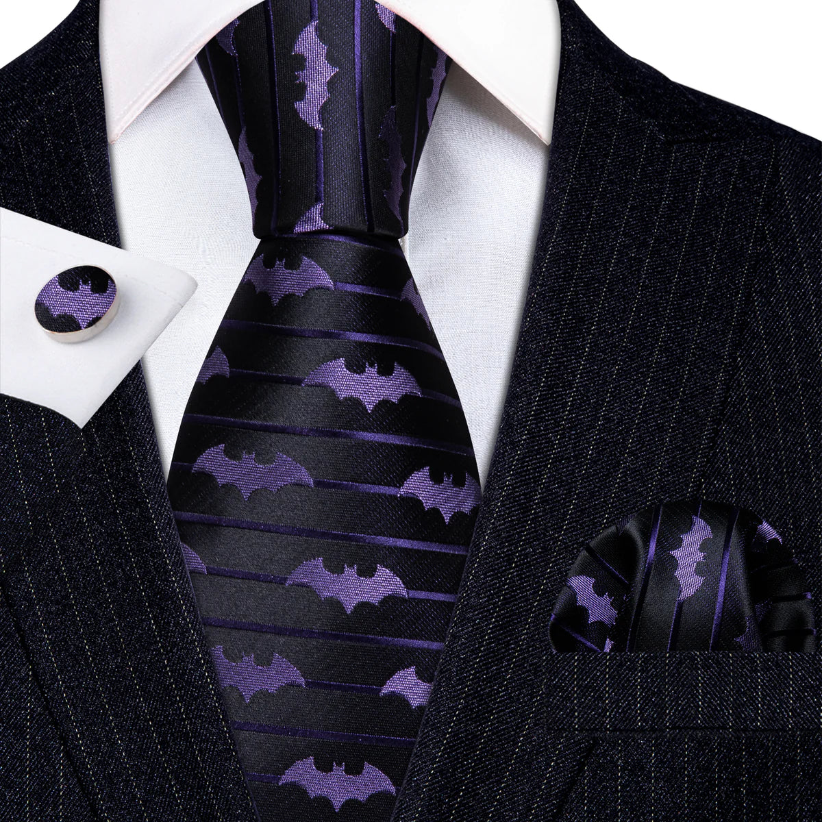 Premium Purple Bat In Black Silk Tie Set