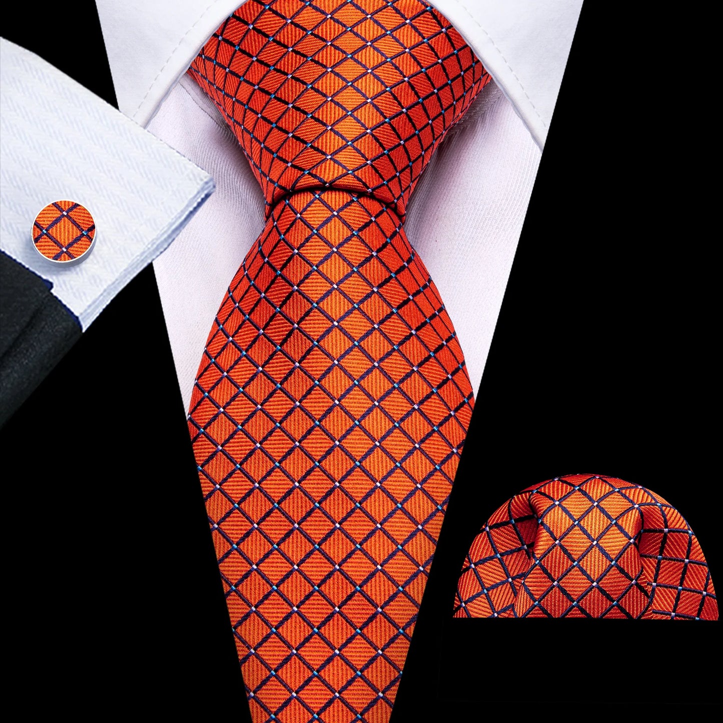 Orange Squares with Blue Dots Silk Tie Set