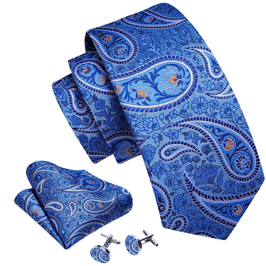 Blue Leaves with Orange Petals Silk Tie Set