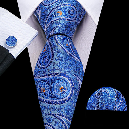 Blue Leaves with Orange Petals Silk Tie Set