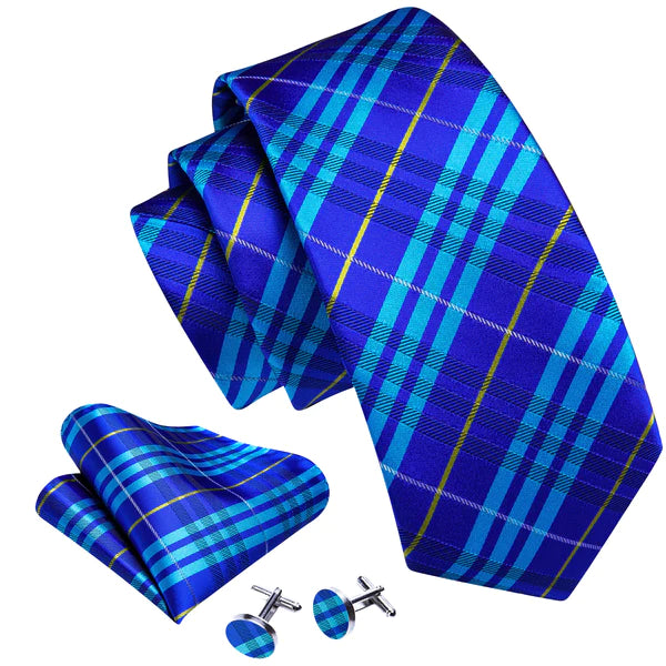 Luxury Blue Checkered Silk Tie Set